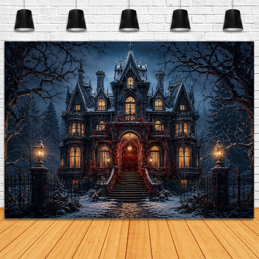 Halloween Castle Backdrop Snowy Gothic Mansion Entrance Large Halloween Backdrop UK LXX67-73