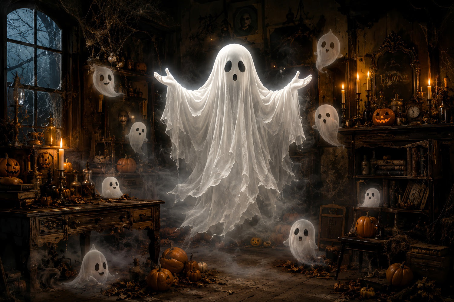Halloween Ghost Backdrop Floating Ghost Haunted Room Scary Halloween Backdrop UK LXX67-75