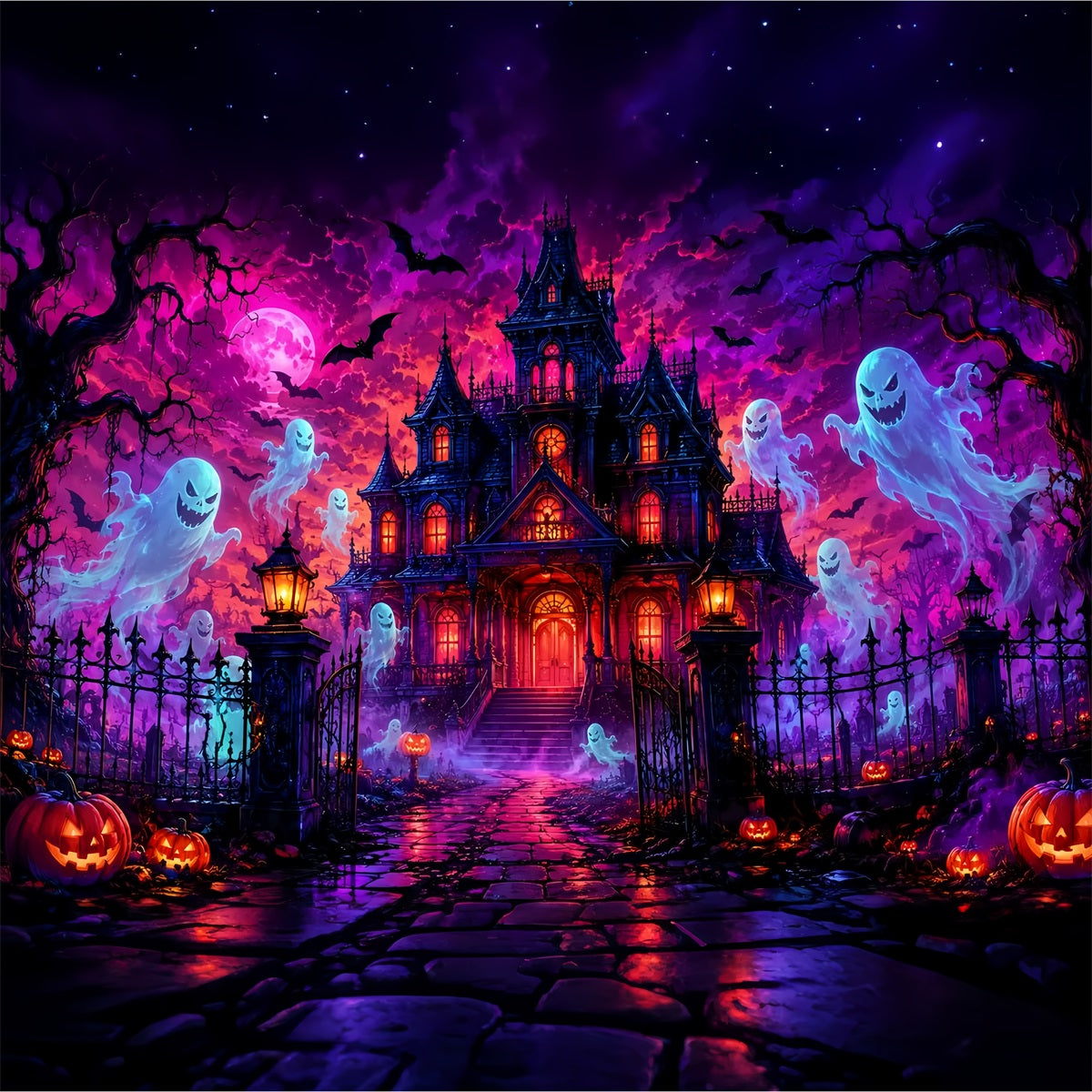 Halloween Cardboard Backdrops Neon Ghost Mansion Night Halloween Photography Backdrop UK LXX67-76