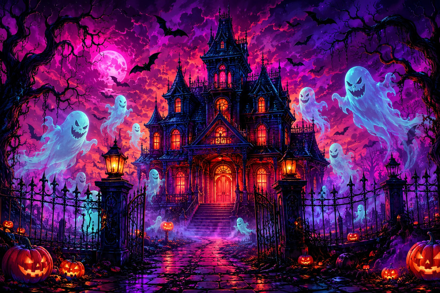 Halloween Cardboard Backdrops Neon Ghost Mansion Night Halloween Photography Backdrop UK LXX67-76