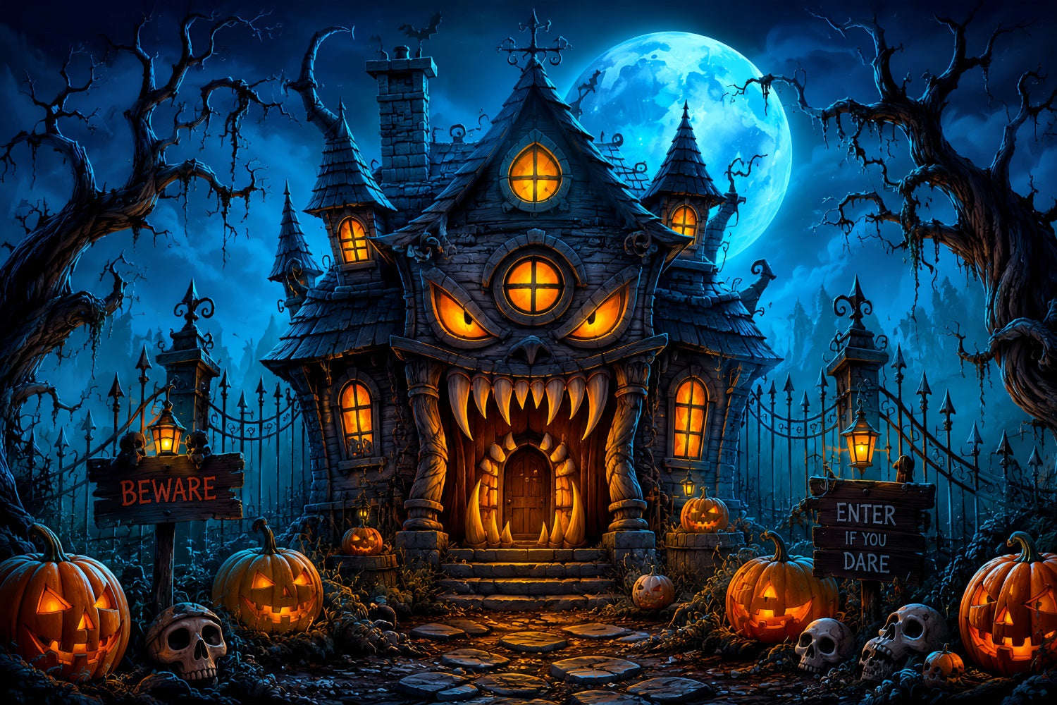 Halloween Backdrop Outdoor Monster Mansion Pumpkin Night Photo Backdrop Halloween UK LXX67-78