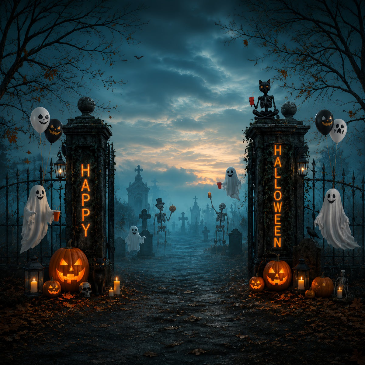 Halloween Graveyard Backdrops Ghost Skeleton Cemetery Gate Photo Booth Halloween Backdrop UK LXX67-79