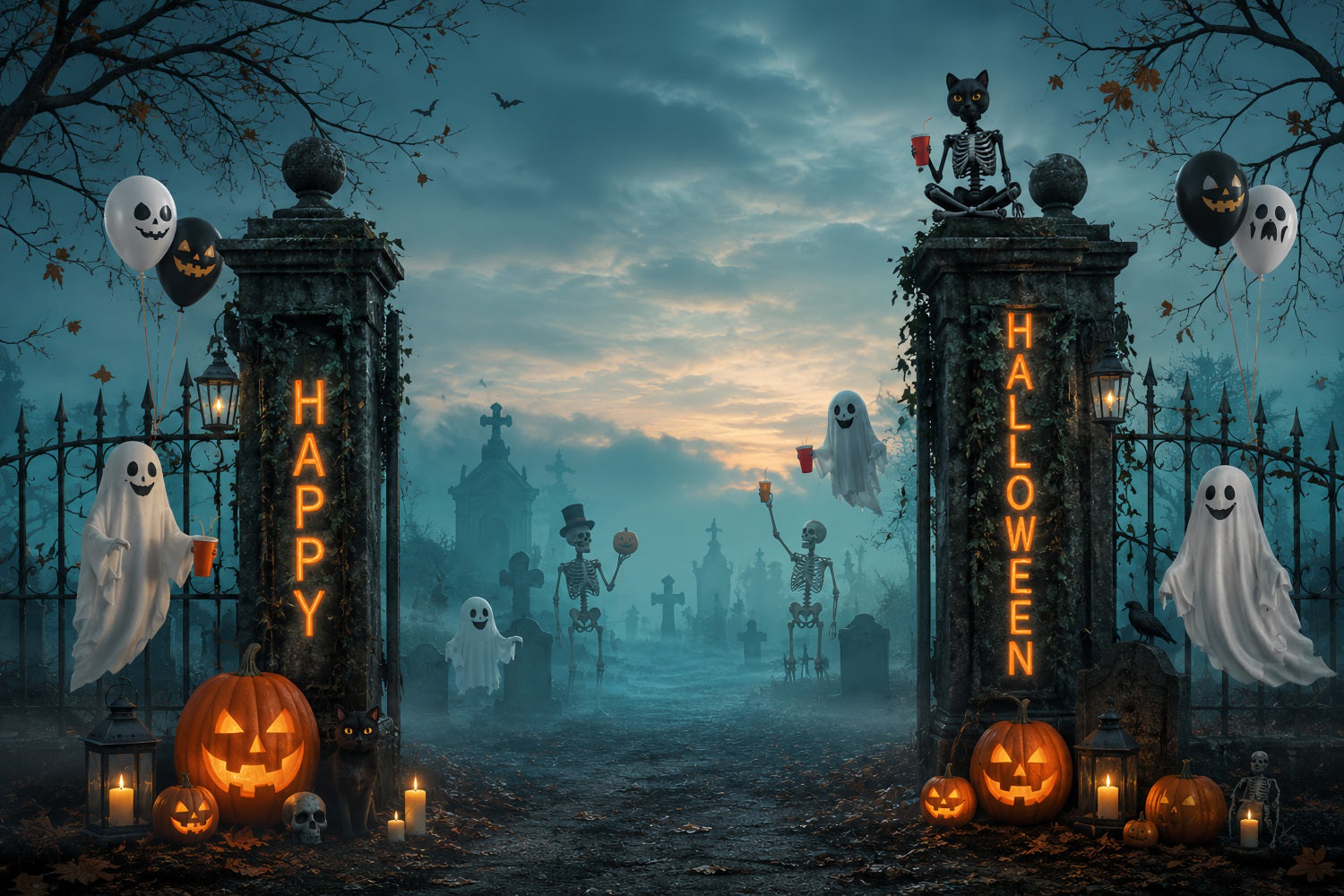 Halloween Graveyard Backdrops Ghost Skeleton Cemetery Gate Photo Booth Halloween Backdrop UK LXX67-79