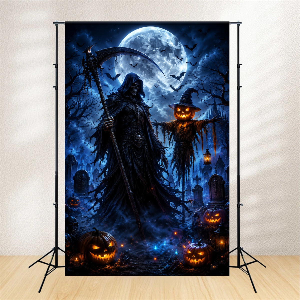 Halloween Moon Backdrop Grim Reaper Scarecrow Graveyard Halloween Photo Backdrops UK LXX67-8