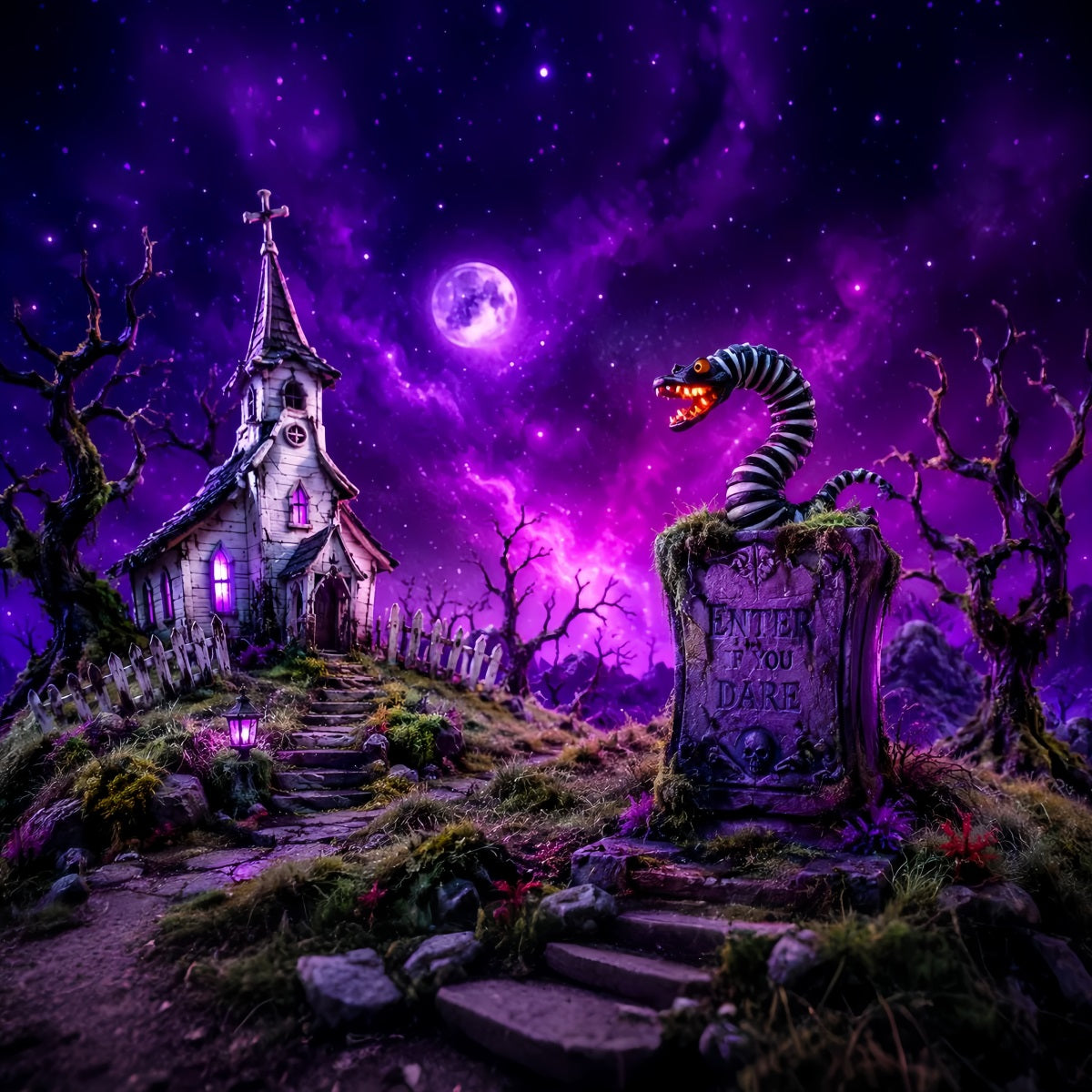 Halloween Spooky Backdrop Purple Church Serpent Tombstone Spooky Halloween Backdrops UK LXX67-81