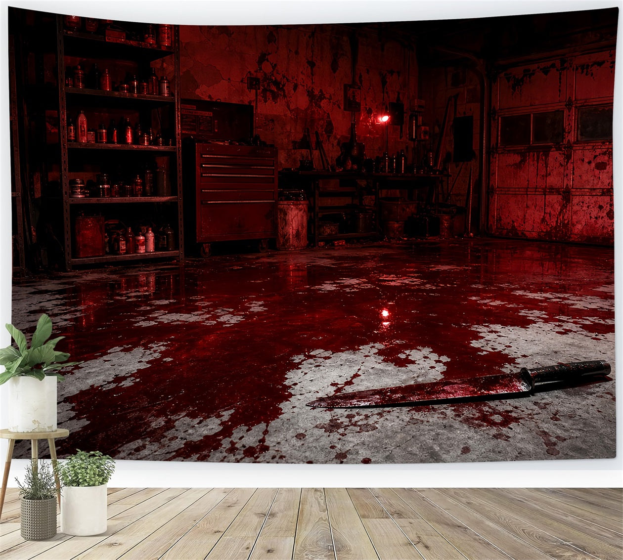 Halloween Garage Backdrop Bloody Room Knife Floor Backdrops For Halloween UK LXX67-82
