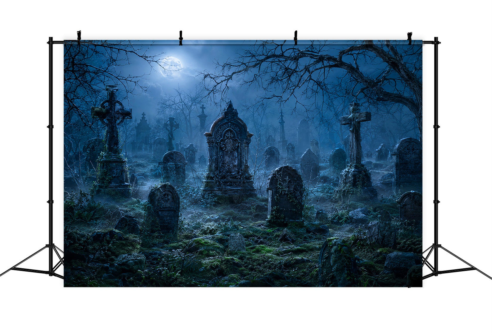 Halloween House Backdrop Moonlit Foggy Cemetery Tombstones Halloween Cemetery Backdrop UK LXX67-84