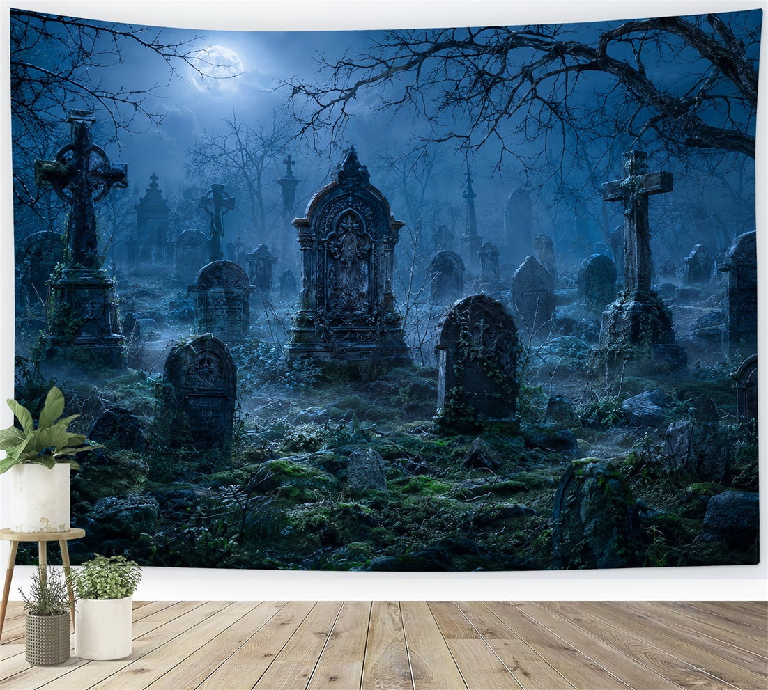 Halloween House Backdrop Moonlit Foggy Cemetery Tombstones Halloween Cemetery Backdrop UK LXX67-84