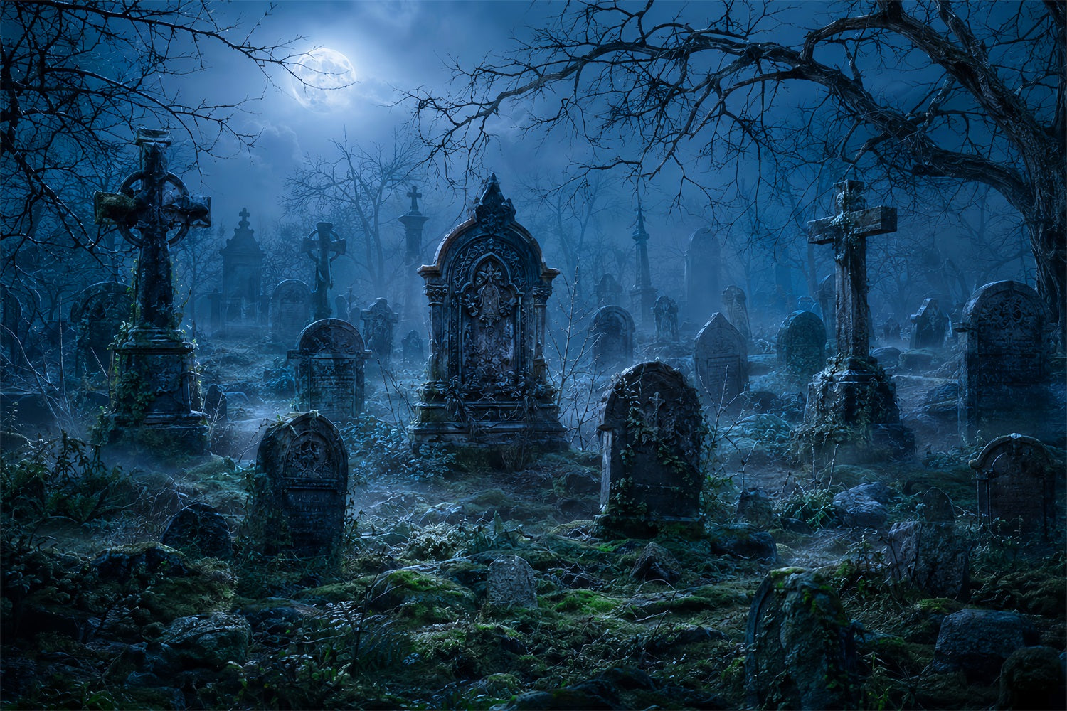 Halloween House Backdrop Moonlit Foggy Cemetery Tombstones Halloween Cemetery Backdrop UK LXX67-84