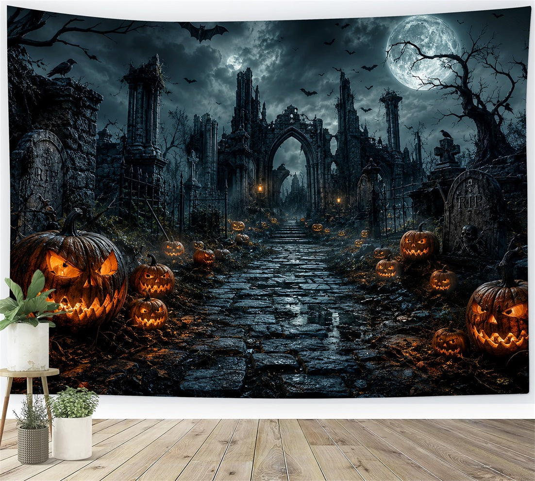 Scary Halloween Backdrop Ideas Gothic Graveyard Pumpkin Ruins Halloween Photoshoot Backdrop UK LXX67-85