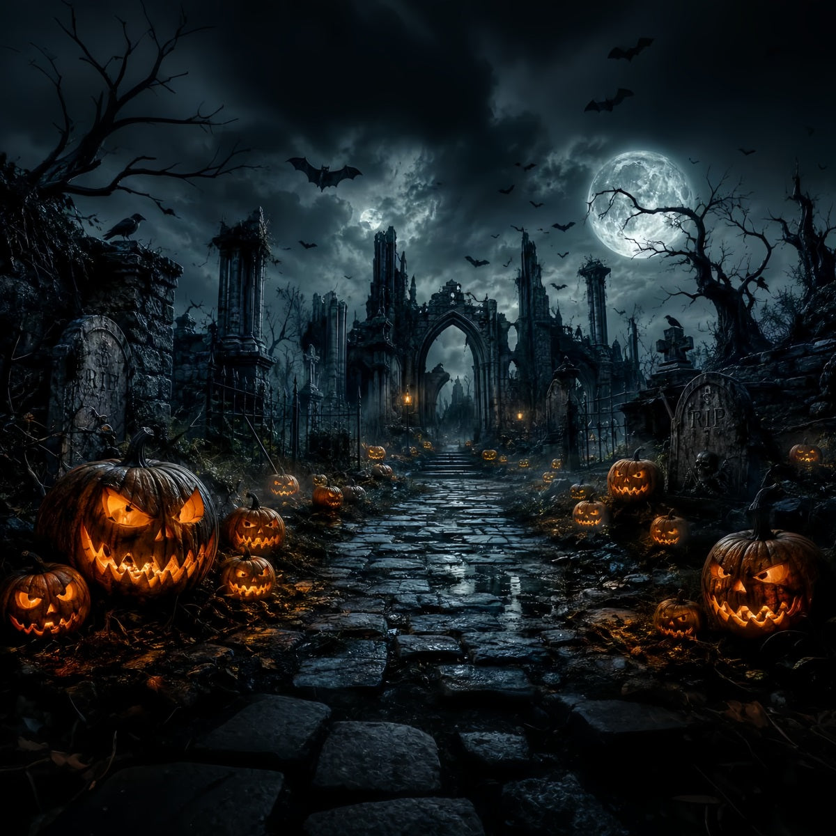 Scary Halloween Backdrop Ideas Gothic Graveyard Pumpkin Ruins Halloween Photoshoot Backdrop UK LXX67-85