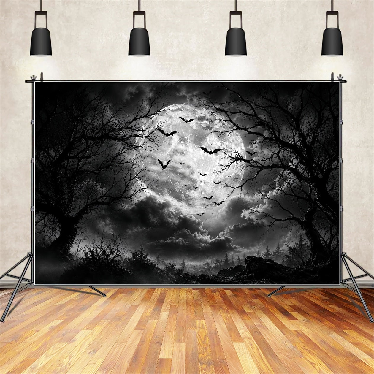 Halloween Forest Backdrop Monochrome Moon Bat Clouds Vintage Halloween Backdrop UK LXX67-88