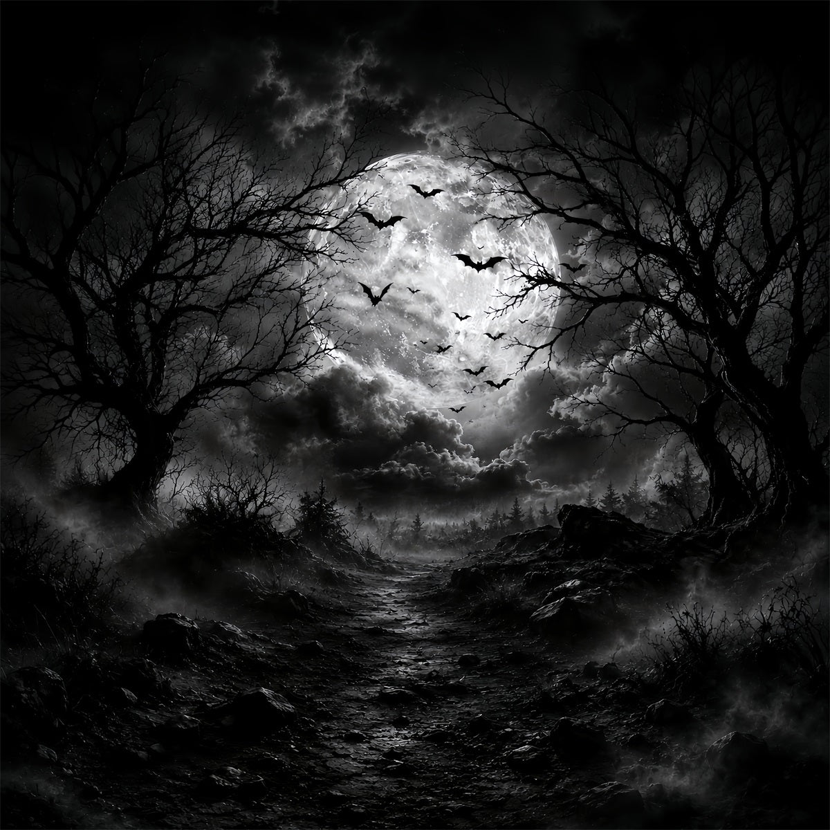 Halloween Forest Backdrop Monochrome Moon Bat Clouds Vintage Halloween Backdrop UK LXX67-88