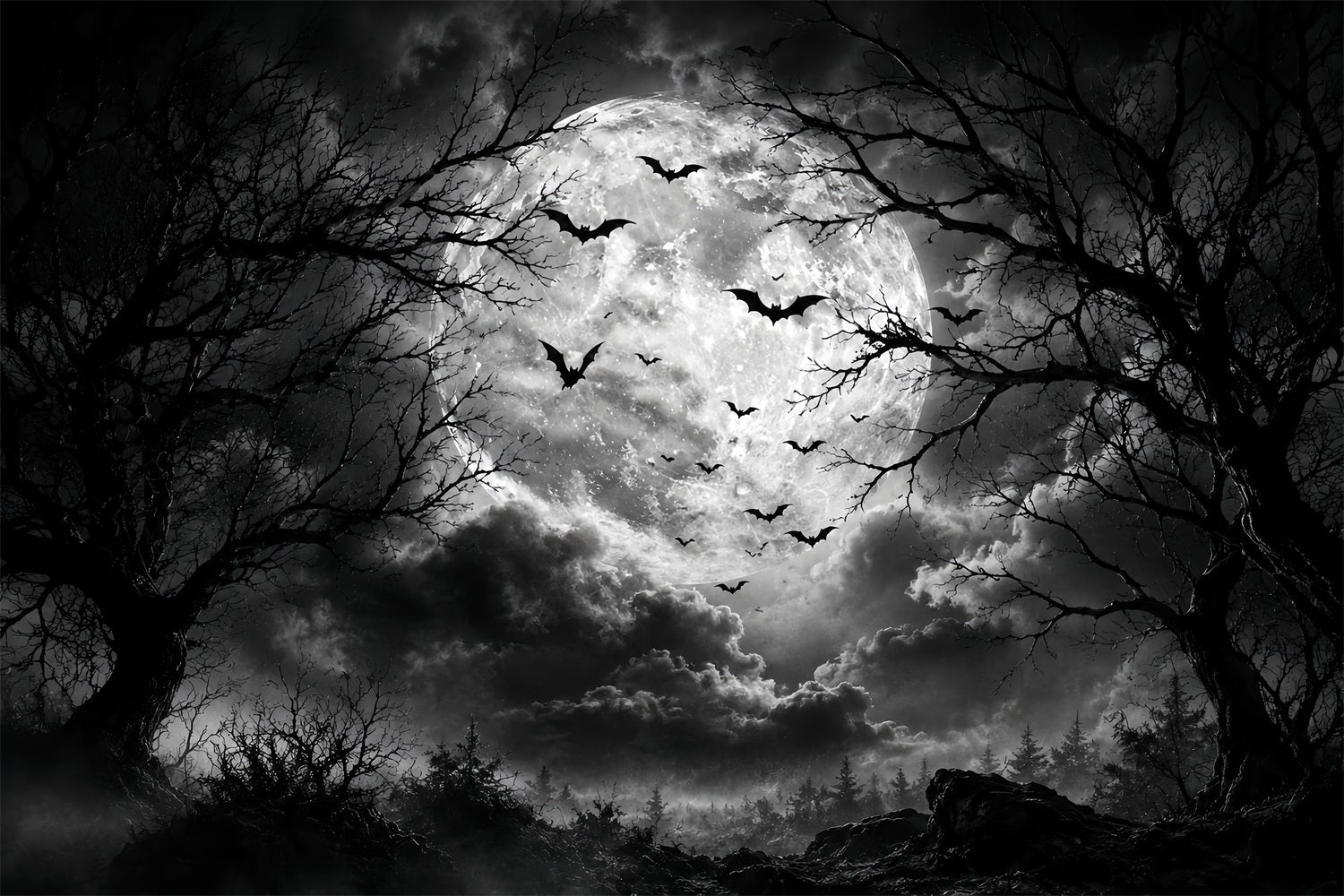 Halloween Forest Backdrop Monochrome Moon Bat Clouds Vintage Halloween Backdrop UK LXX67-88