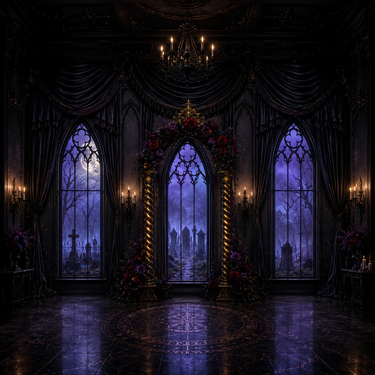 Halloween Arch Backdrop Gothic Floral Window Hall Large Halloween Backdrops UK LXX67-89