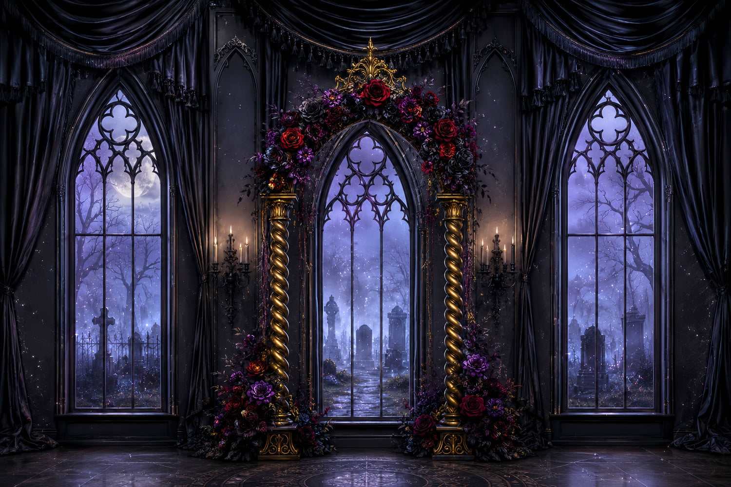 Halloween Arch Backdrop Gothic Floral Window Hall Large Halloween Backdrops UK LXX67-89