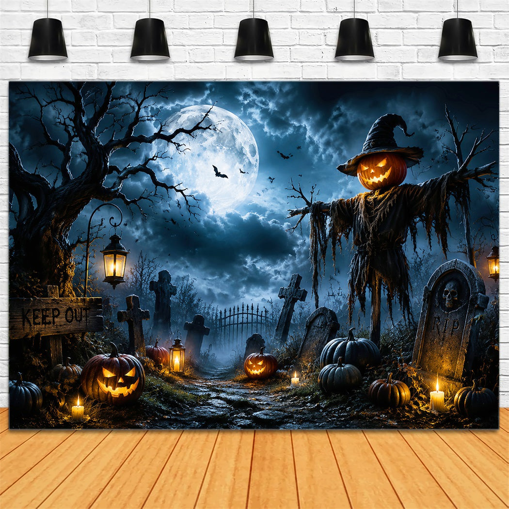 Outdoor Halloween Backdrop Moonlit Pumpkin Scarecrow Graveyard Spooky Halloween Backdrop UK LXX67-9