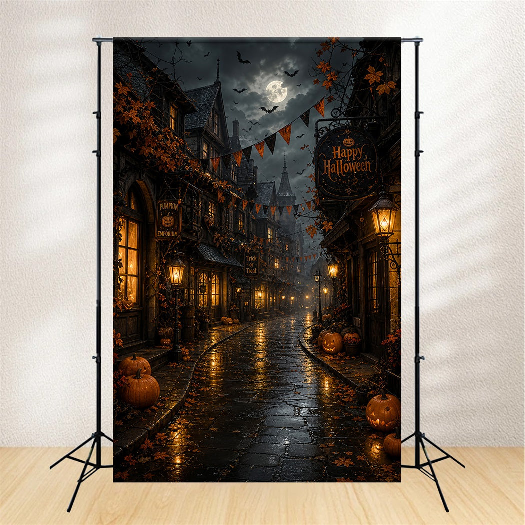 Photography Backdrops Halloween Moonlit Pumpkin Village Street Halloween Town Backdrop UK LXX67-93