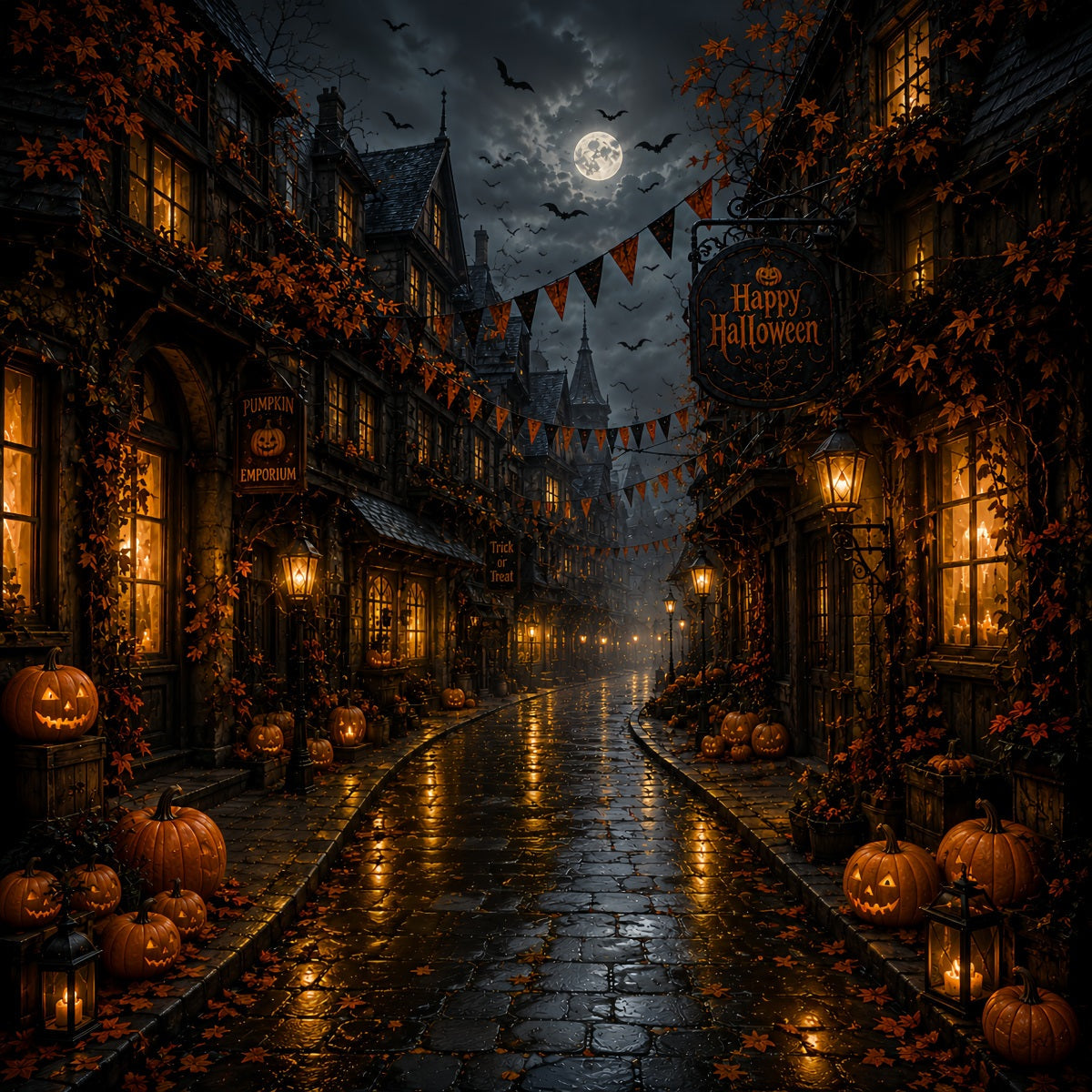 Photography Backdrops Halloween Moonlit Pumpkin Village Street Halloween Town Backdrop UK LXX67-93