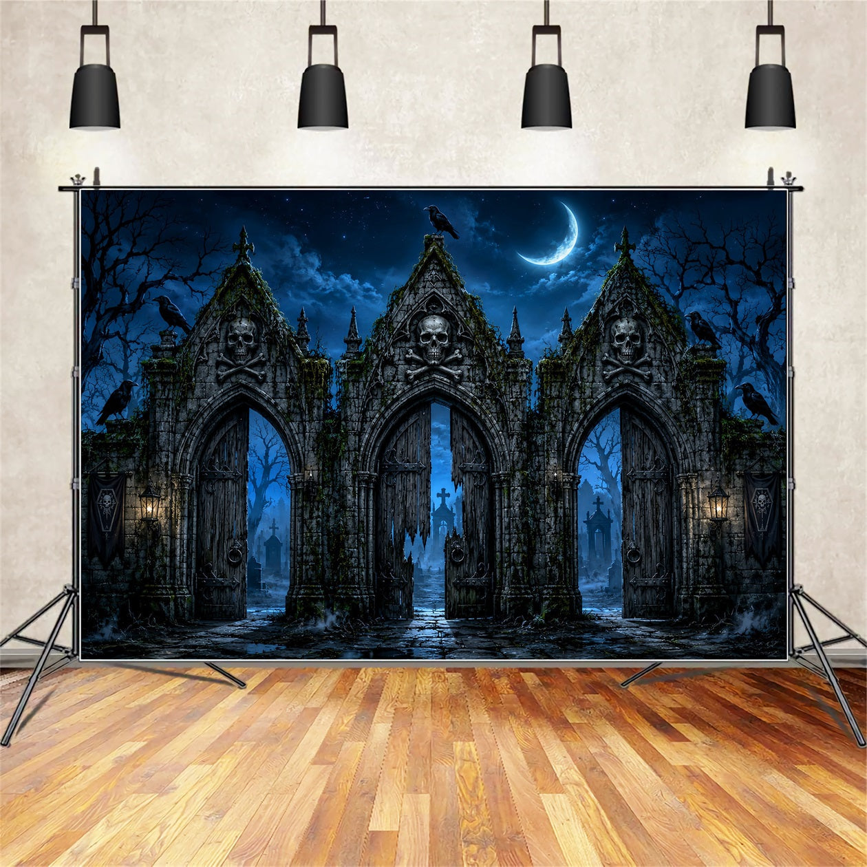 Halloween Backdrop Photography Skull Graveyard Moon Gate Halloween Scary Backdrop UK LXX67-98