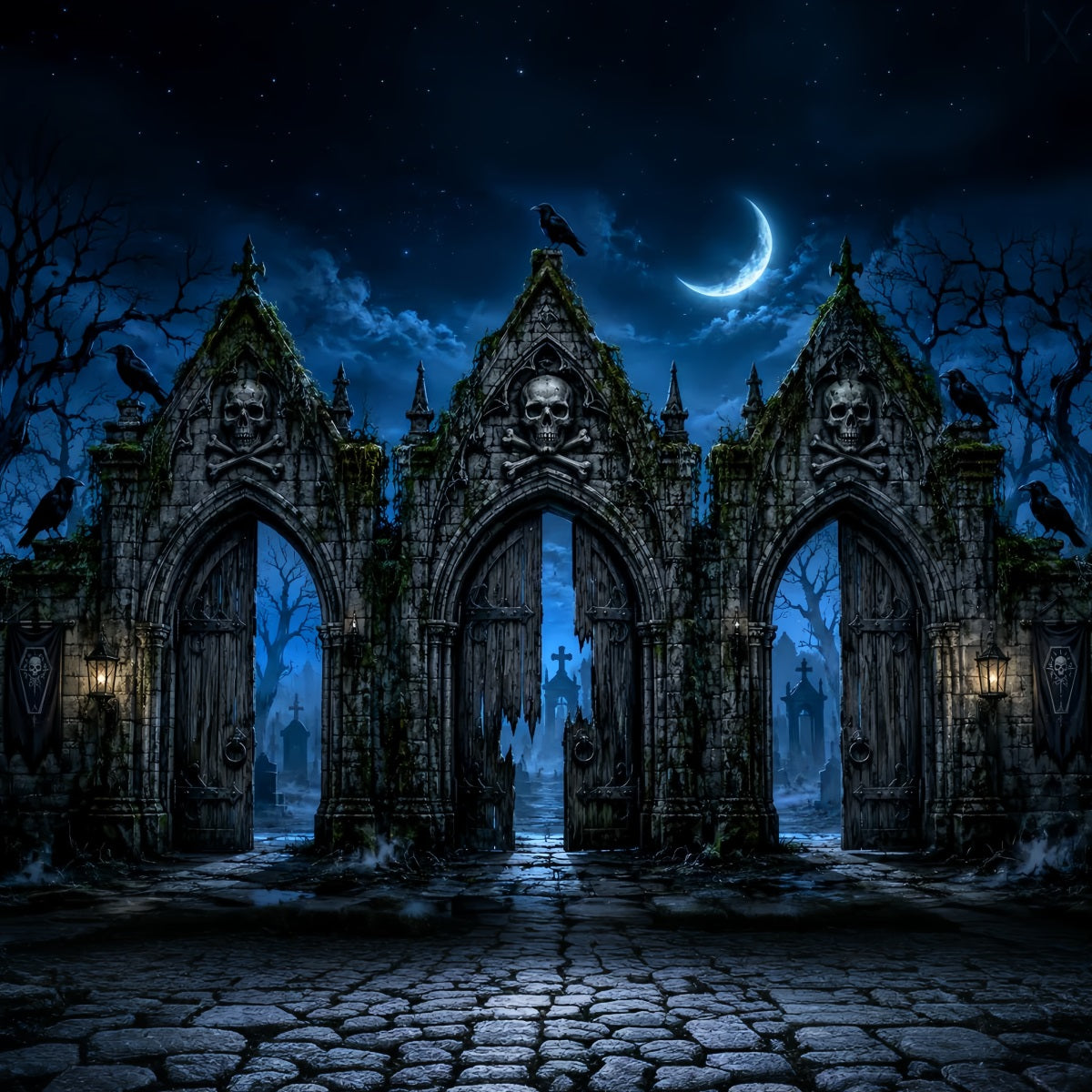 Halloween Backdrop Photography Skull Graveyard Moon Gate Halloween Scary Backdrop UK LXX67-98