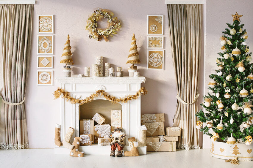 Christmas Tree Gifts Fireplace Garland Backdrop UK M10-04