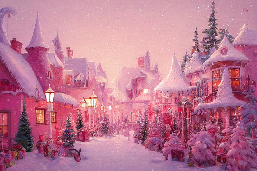 Pink Winter Christmas Town Street Backdrop UK M8-42