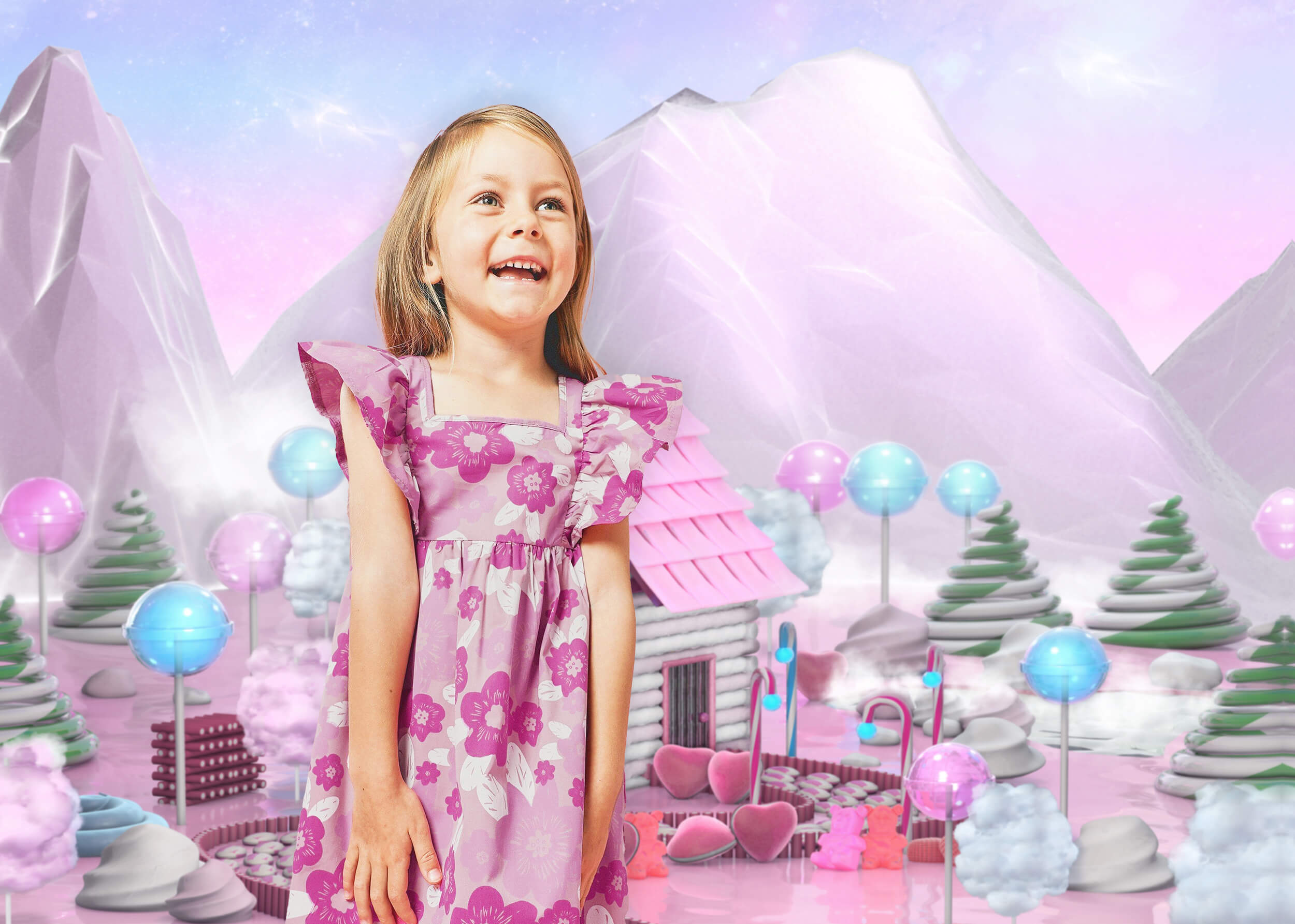 Pink Cartoon Candy House Mountain Backdrop UK M8-43