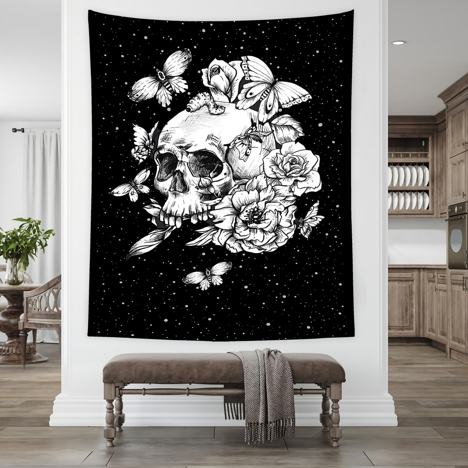 Gothic Floral Skull Tapestry Halloween Wall Hanging