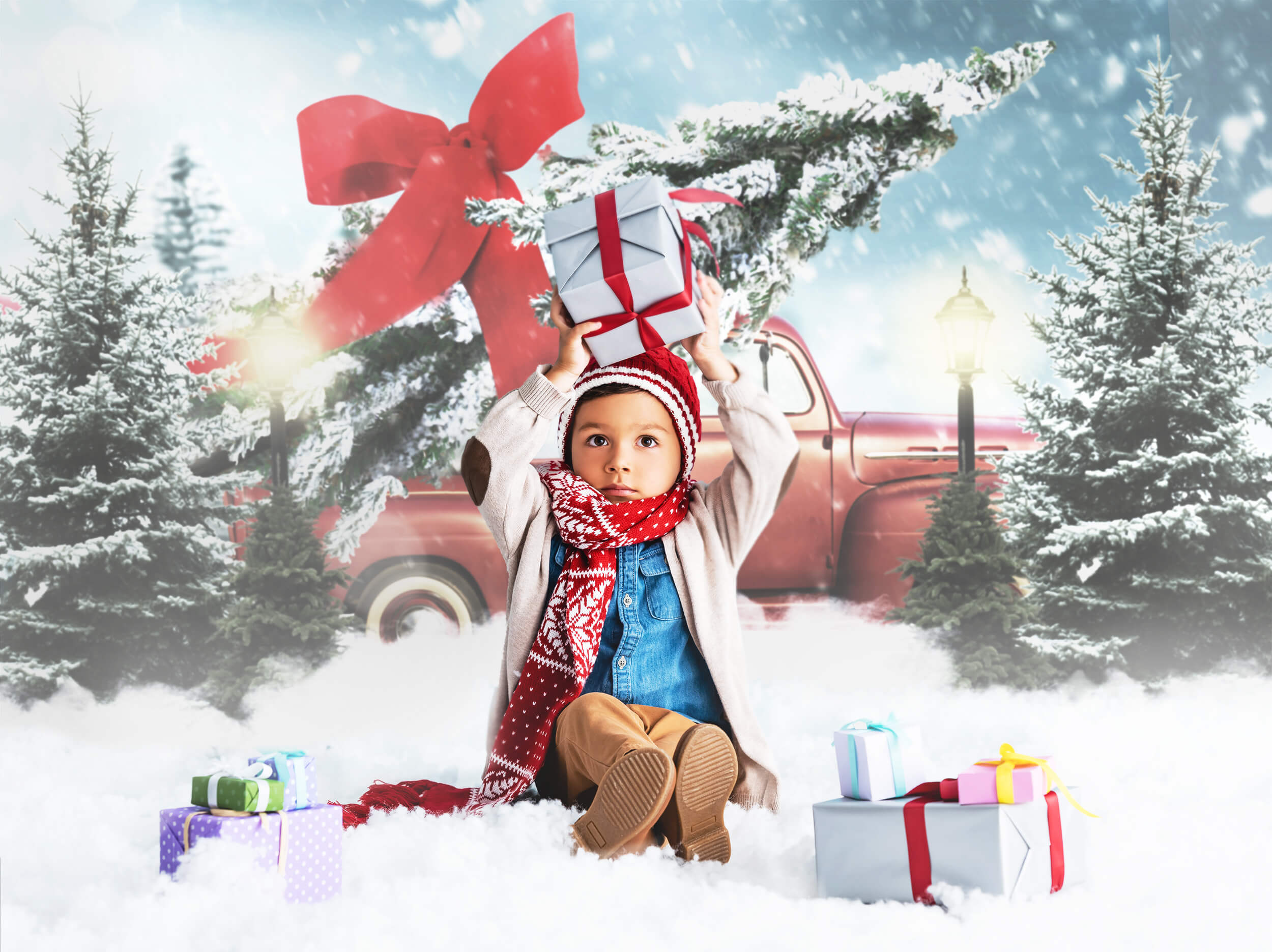 Christmas Tree with Red Bow Red Truck Backdrop UK M9-19