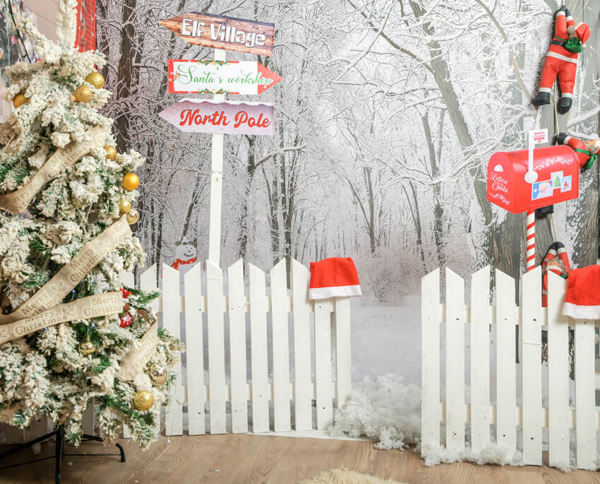 Christmas Tree Winter Snow Fence Door Backdrop UK M9-42