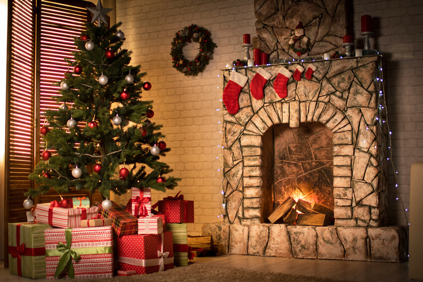 Decorated Christmas Tree Fireplace Backdrop UK M9-80