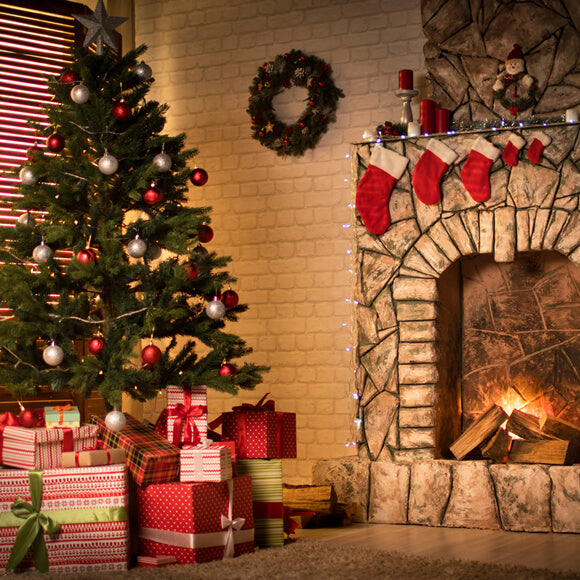 Decorated Christmas Tree Fireplace Backdrop UK M9-80