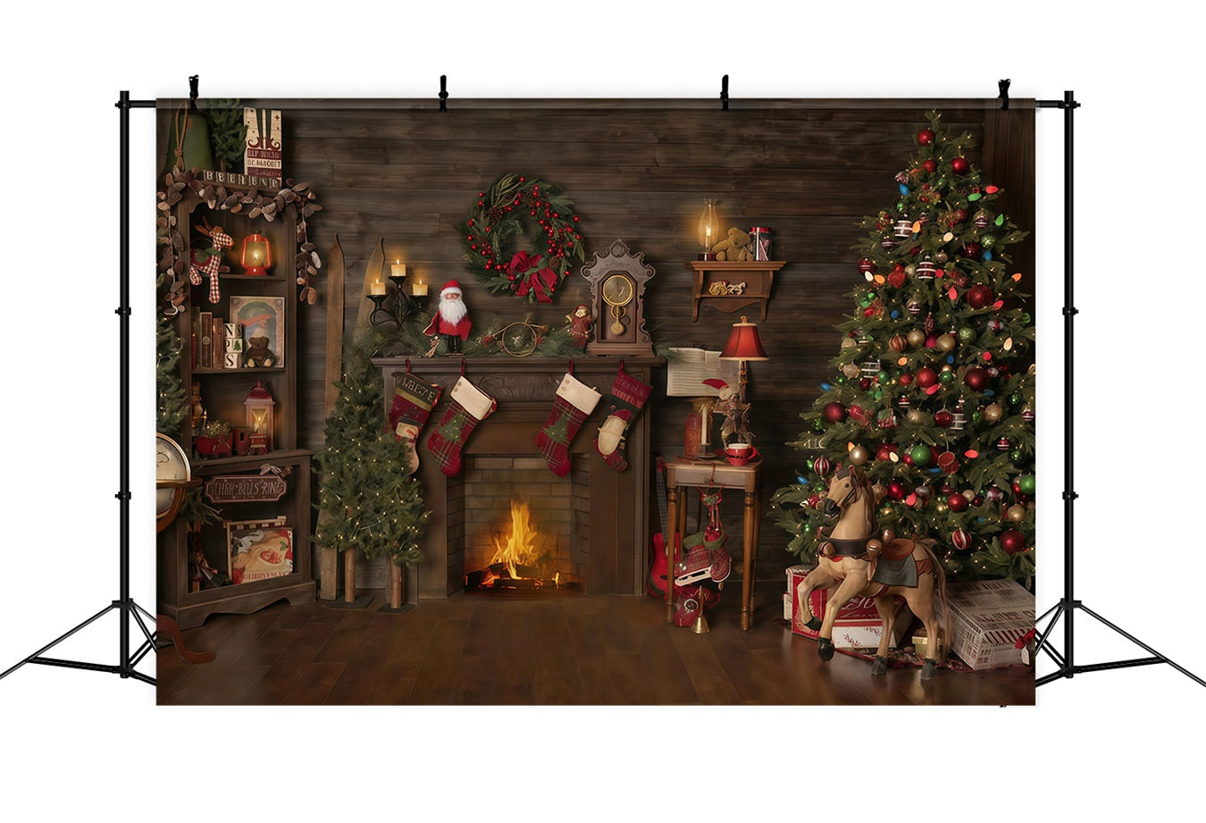 Christmas Backdrop Wood House Fireplace Stockings Christmas Photo Backdrop UK MRR10-52