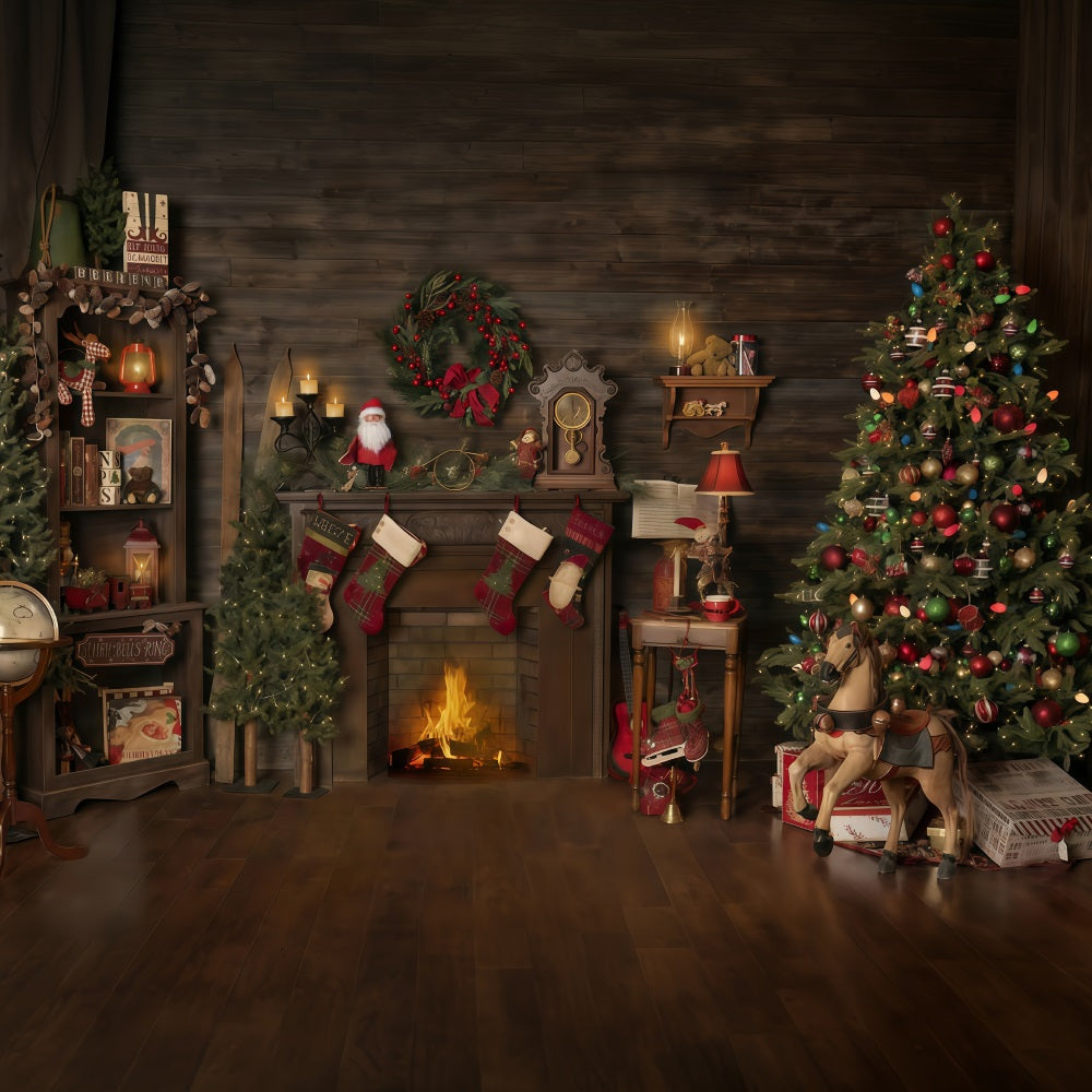 Christmas Backdrop Wood House Fireplace Stockings Christmas Photo Backdrop UK MRR10-52