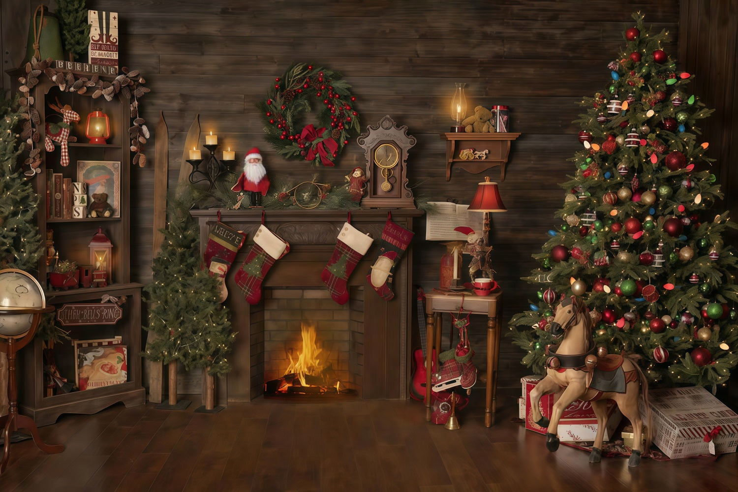 Christmas Backdrop Wood House Fireplace Stockings Christmas Photo Backdrop UK MRR10-52