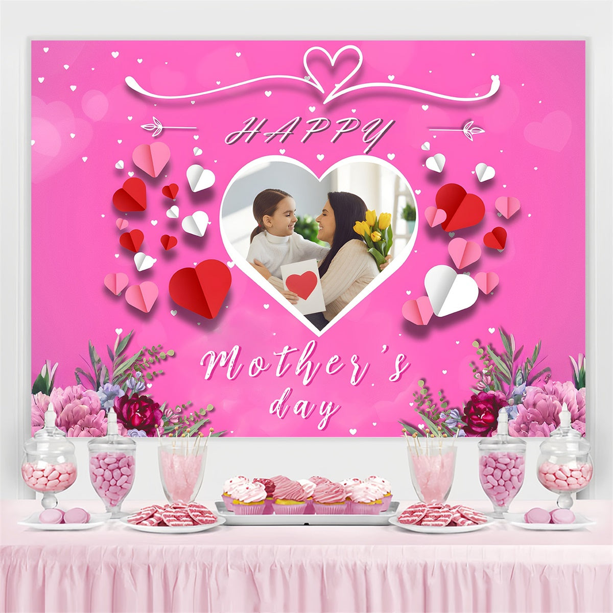 Mother's Day Photo Backdrop Heart Love Flowers Custom Backdrop UK MRR3-107