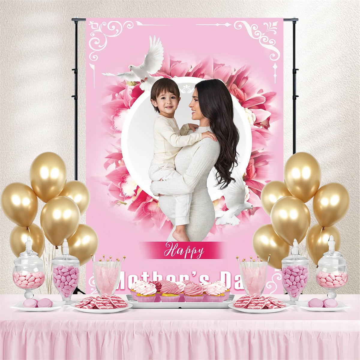 Happy Mother's Day Backdrop Pink Floral Dove Personalized Backdrop UK MRR3-116