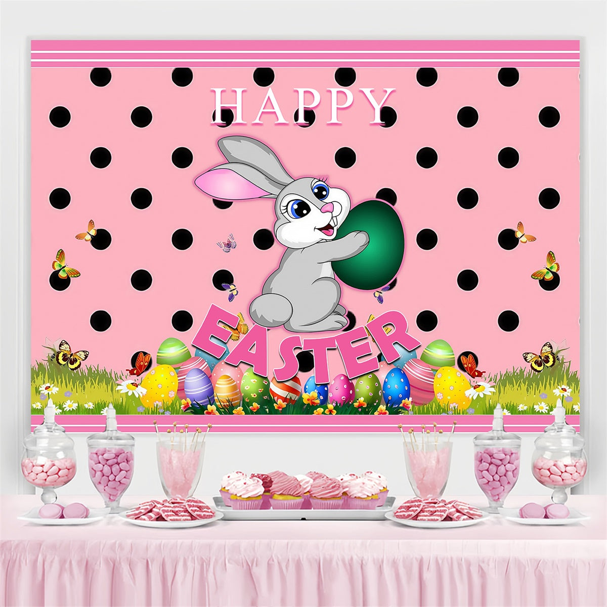 Backdrop Easter Pink Polka Dots Bunny Personalized Backdrop UK MRR3-123