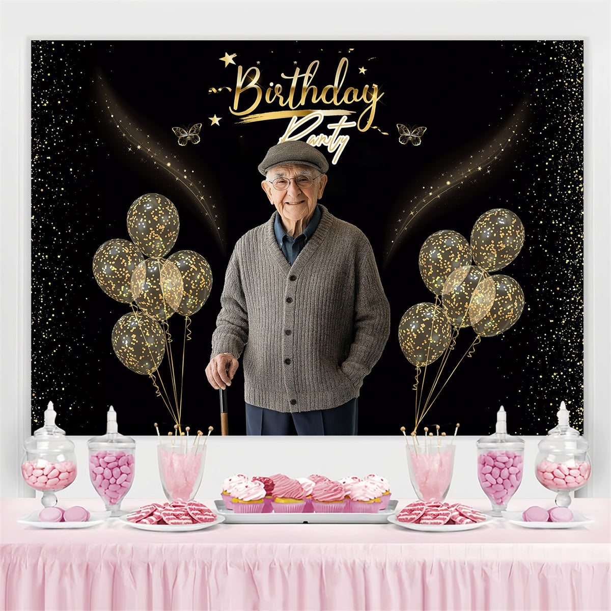 Custom Made Birthday Backdrops Glitter Balloon Black Gold Backdrop UK MRR3-143