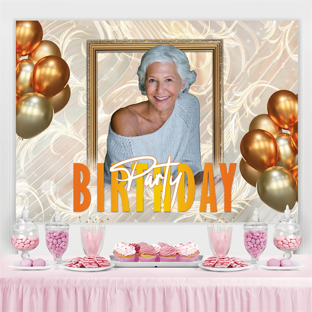 Personalized Backdrop For Birthday Golden Balloon Elegant Backdrop UK MRR3-158