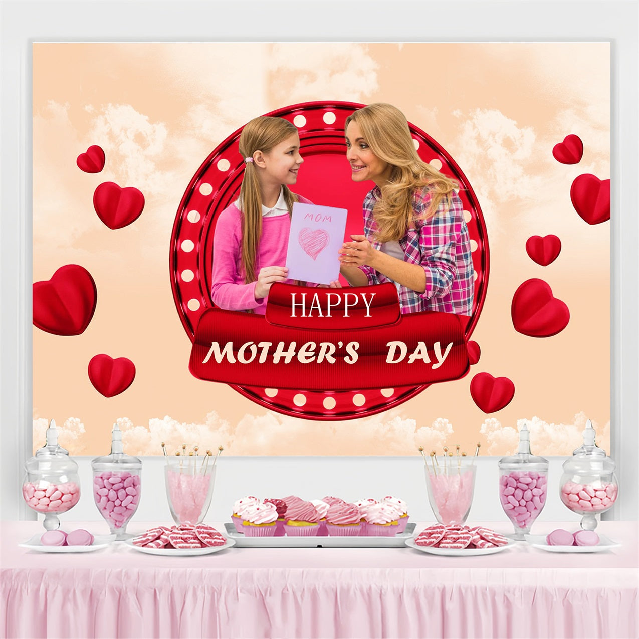Mothers Day Backdrop Heartwarming Red Hearts Personalized Backdrop UK MRR3-33