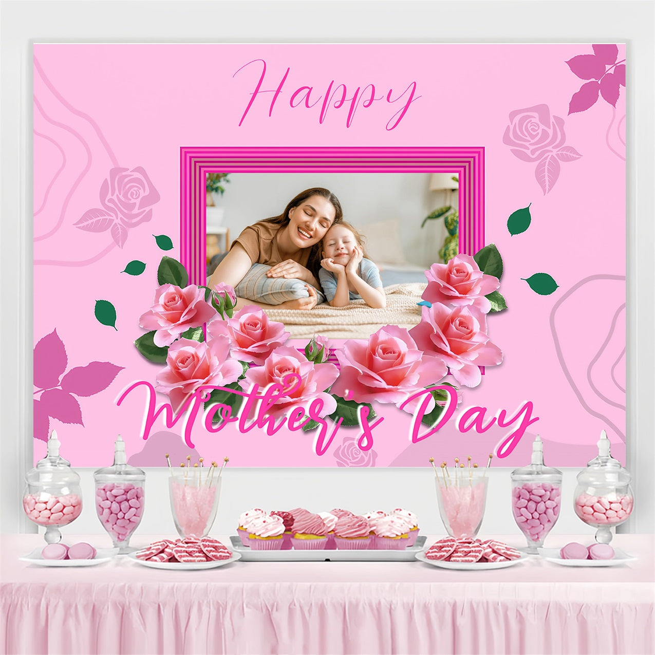 Backdrops For Mother's Day Pink Roses Frame Personalised Backdrop UK MRR3-48