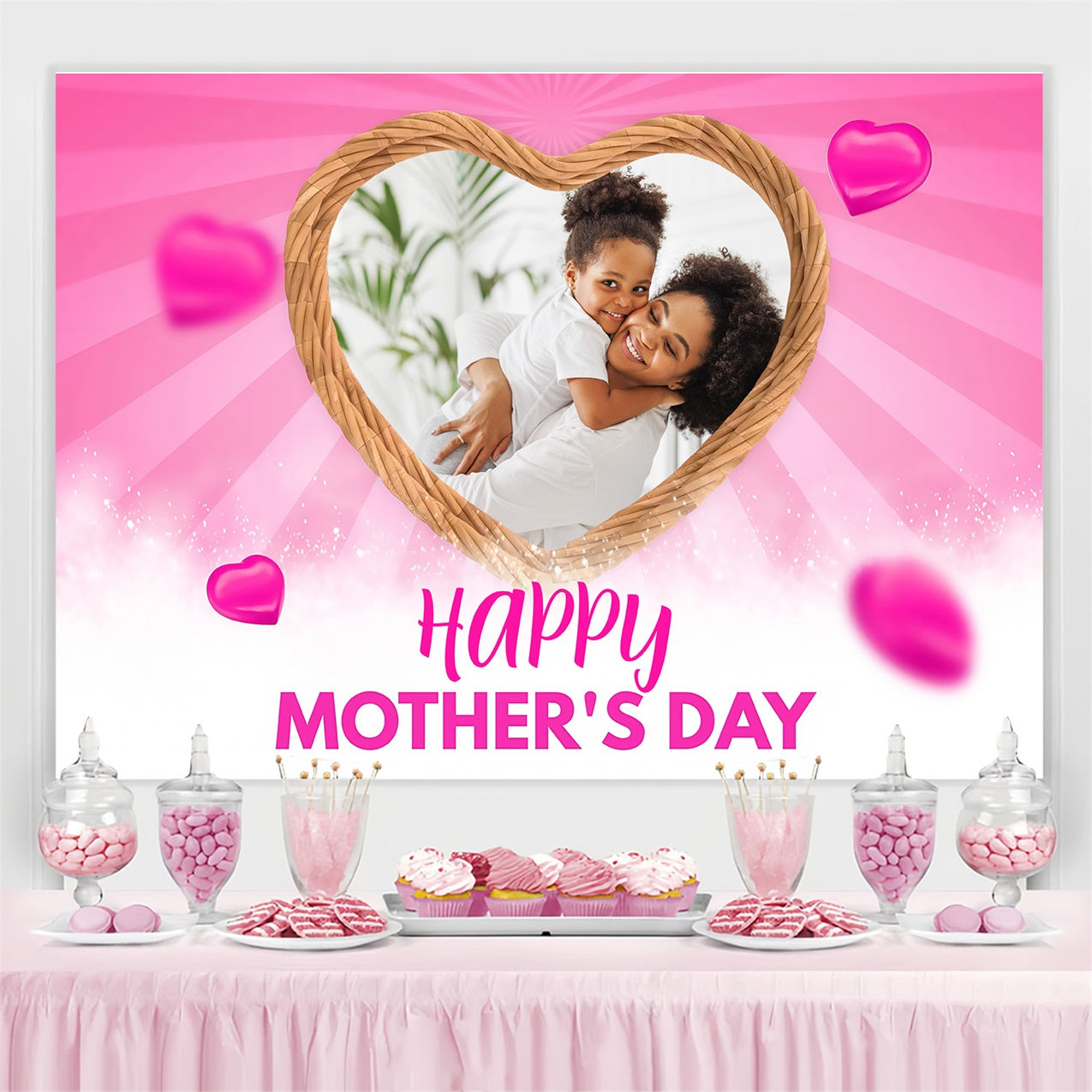 Backdrops For Mothers Day Pink Hearts Frame Sparkles Personalised Backdrop UK MRR3-52