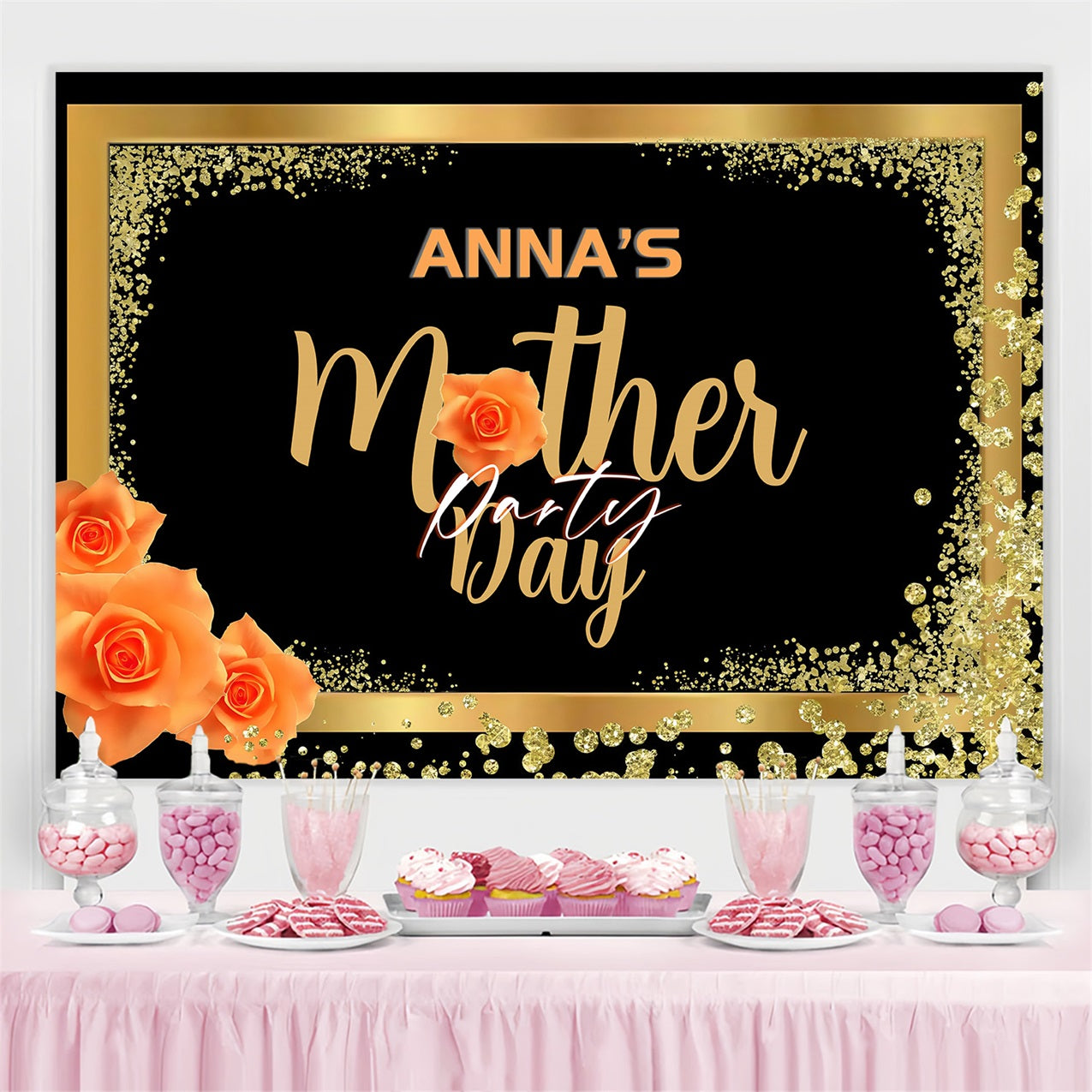 Mother's Day Backdrop Gold Black Elegant Party Custom Backdrop UK MRR3-61