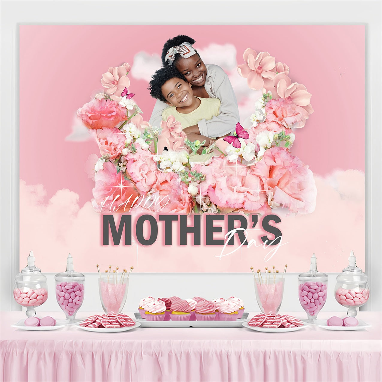 Mother's Day Photography Backdrops Cloudy Pink Floral Personalized Backdrop UK MRR3-67
