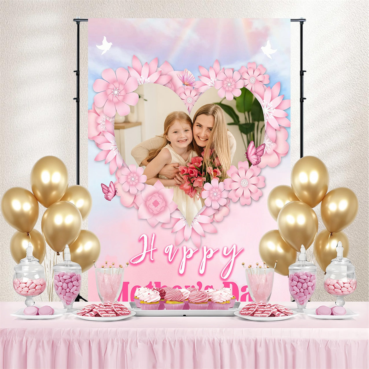 Backdrop For Mother's Day Heart-Shaped Floral Frame Customized Backdrop UK MRR3-72