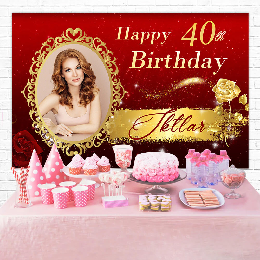 Personalized 40th Birthday Backdrop Golden Rose Backdrop UK MRR3-8