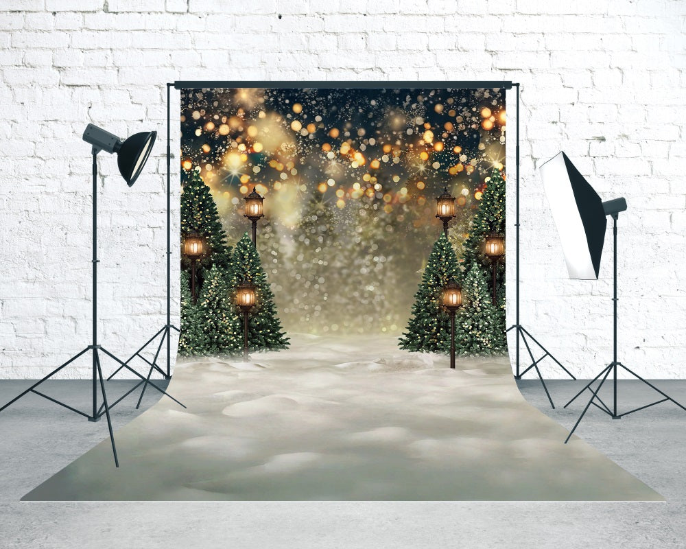 Christmas Tree Farm Backdrop Fantasy Glow Bokeh Warm Streetlight Christmas Photography Backdrops UK MRR8-111
