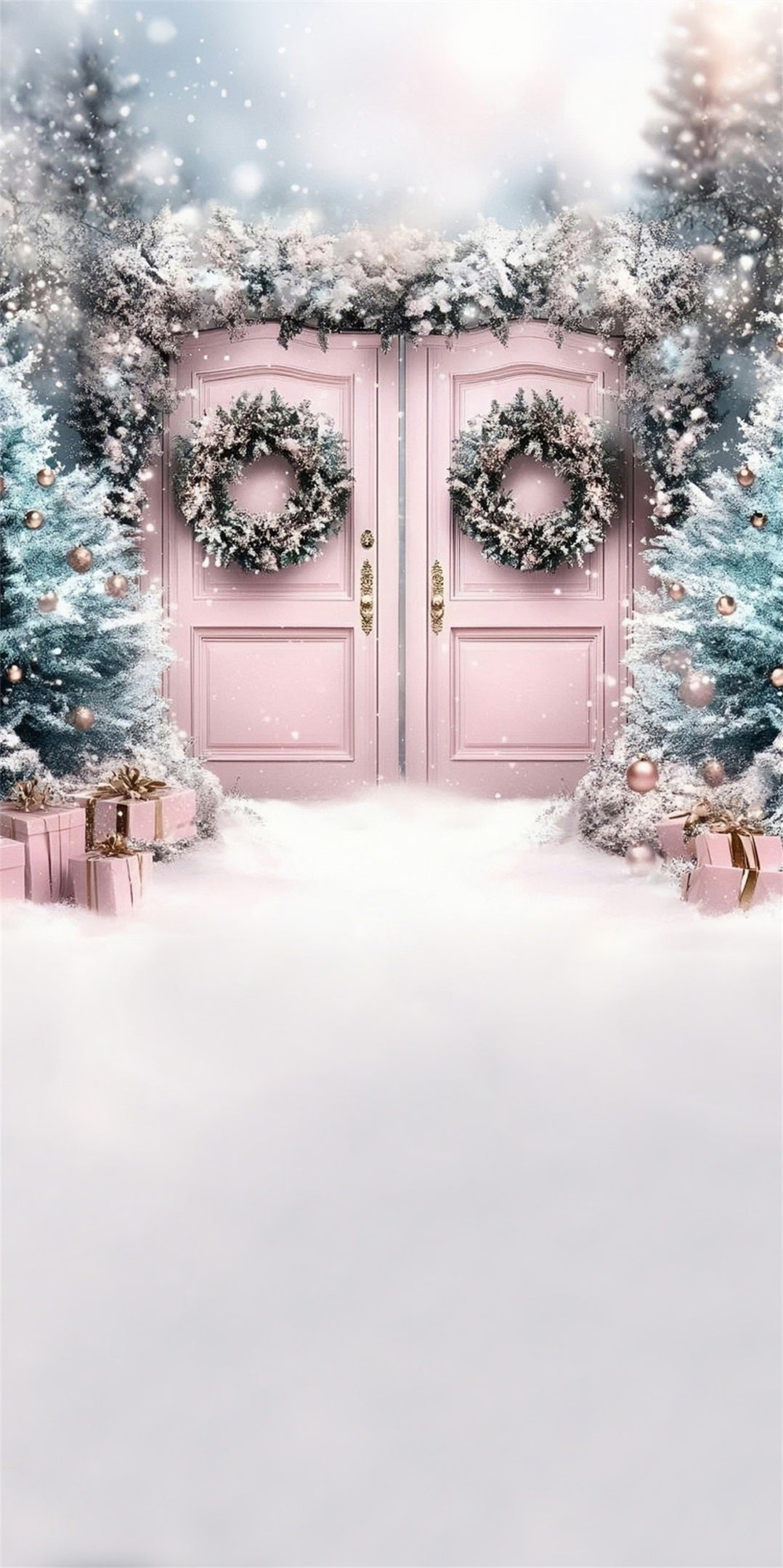 Pink Christmas Backdrop Dreamy Pale Pink Christmas Wreath Gate Christmas Backdrops for Photos UK MRR8-113